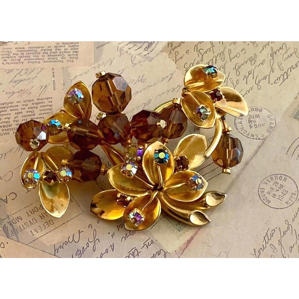 Vintage Austria Crystal Brooch Smoky Amber AB Rhinestone Floral Pin